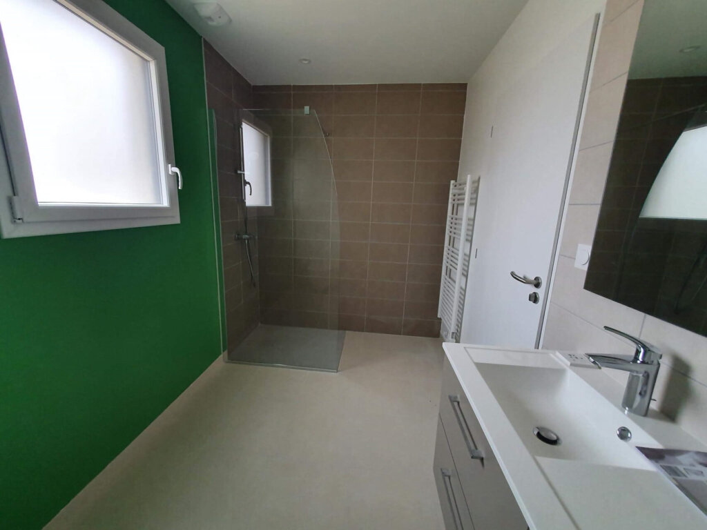 Salle de bain avec mur vert